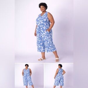 Blue Floral Sleeveless Jumpsuit with Tie Waist